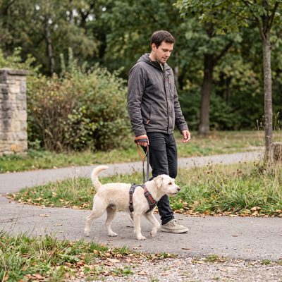 Mann geht mit seinem angeleinten Terrier-Mischling einen Parkweg entlang