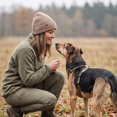 Eine Frau in Mütze und Fleecejacke hockt auf einer Wiese und begrüßt ihren Hund, der ruhig mit allen vier Pfoten am Boden steht und ihr die Nase entgegenstreckt
