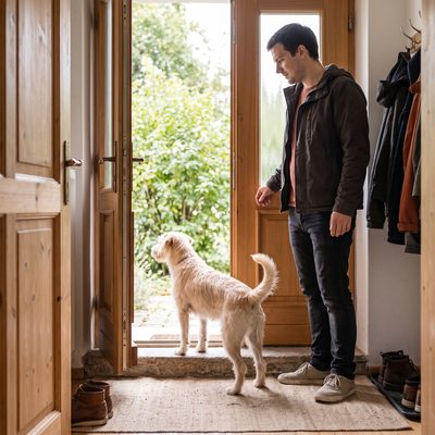 Hund steht an der offenen Haustür und wartet ab, ohne über die Schwelle zu gehen