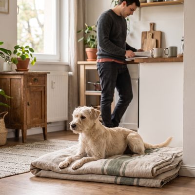Hund liegt entspannt auf einer Decke, im Hintergrund ist sein Besitzer in der Küche beschäftigt
