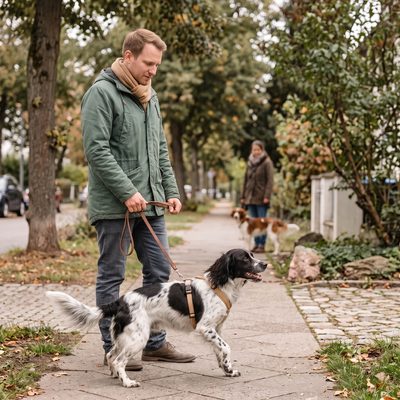 Hund zieht aufgeregt und wedelnd Richtung eines anderen Hundes, deutlich überdreht statt entspannt