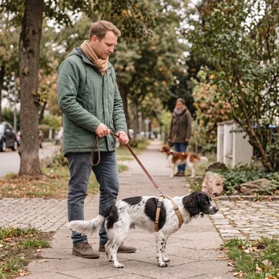 Angeleinter Hund zieht in Richtung eines anderen Hundes in der Ferne, seine Halterin hält die Leine kurz und ruhig