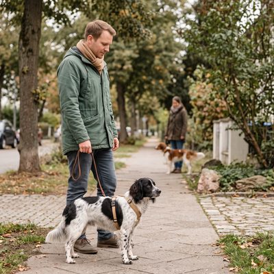 Zwei Hunde begegnen sich mit ihren Halter:innen entspannt auf einem Gehweg, beide an der Leine