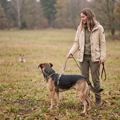 Angeleinter Hund bleibt auf einer Wiese trotz eines Hundes in der Ferne bei seiner Halterin