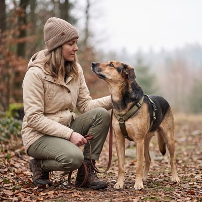 Hund wendet sich im Wald konzentriert seiner Halterin zu, die ruhig und aufmerksam wartet