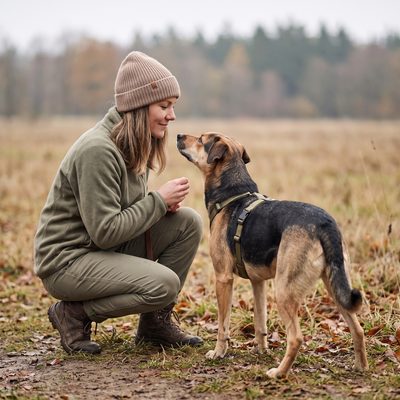 Hund bekommt von seiner Bezugsperson im Wald ruhig ein Leckerli als Belohnung