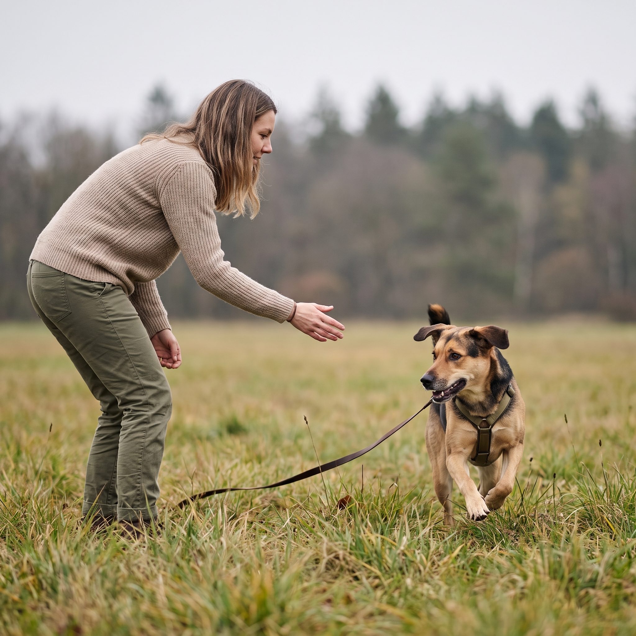 Frau ruft ihren angeleinten Mischlingshund auf einer Wiese freudig zu sich