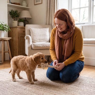 Ein Welpe zieht sanft an einem Seilspielzeug, das eine Frau ihm hinhält.