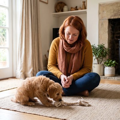 Eine Frau sitzt entspannt mit einem jungen goldenen Welpen im Wohnzimmer, der Welpe kaut an einem Seilspielzeug.